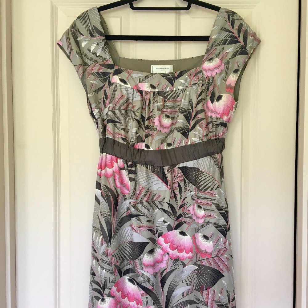 Moulinette Soeurs Size 4 Silk Summer Dress - Tropical Pink and Silver Grey Print